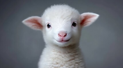 Adorable lamb, close-up portrait.  A fluffy, white lamb gazes directly at the viewer with innocent eyes