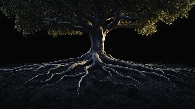 Mystical Tree with Sprawling Roots Against a Deep Dark Background, Revealing Nature's Strength