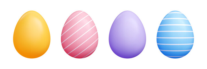 Easter egg cartoon 3d set - vibrant solid oval vector shapes, diagonal striped lines, polka dots decorative drawing, cute patterns. Geometric graphic seasonal style for spring holidays projects