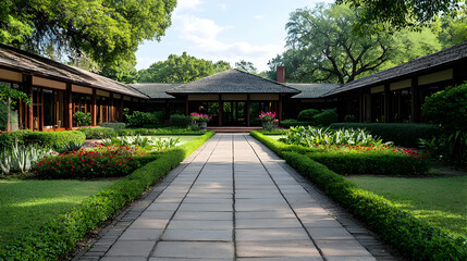 Japanese Garden Path With Traditional Buildings