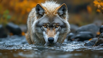 Obraz premium Wolf climbing tree autumn leaves high resolution hd photo