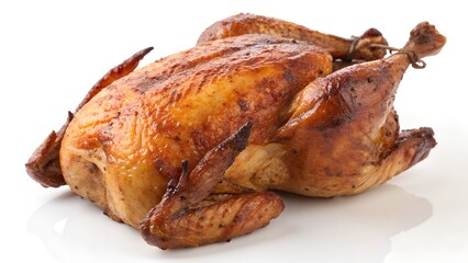 
Golden Brown Roasted Whole Chicken with Crispy Skin on White Background


