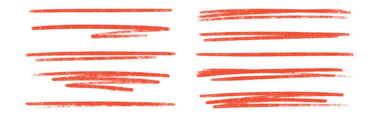 Underline red color crayon set - hand drawn chalk or marker horizontal highlighter strokes. Rough textured edges pencil lines - handdrawn design elements for emphasizing text and drawing accents