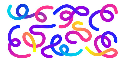 Gradient rainbow colors swirl into organic abstract shapes, forming doodle line art. Curved sketchy style. Decorative patterns fun designs with flowing loops motifs on background ornament texture.