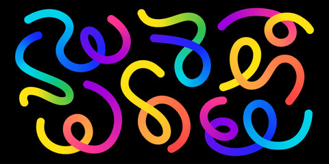 Gradient rainbow color organic abstract doodle line shapes swirling curves. Freehand sketchy style. Ornamental pattern designs fun looping motifs decorative textured backgrounds.