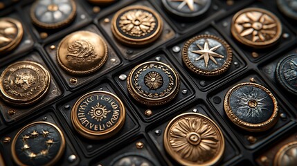 Obraz premium Close-Up Mockup of Ornate Metallic Buttons in Gold, Bronze, and Blue Hues with Intricate Designs and Textures for Fashion and Product Design