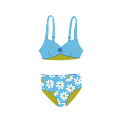 Female two pieces swimsuit retro style. Cute stylish top and high waist panties with daisy flower print. Vintage women beachwear. Hand drawn flat design vector illustration. 