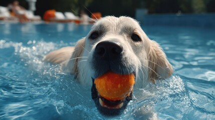 Happy dog in pool with ball