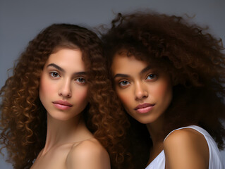 Portrait of two nature beautiful young woman with curly hair 