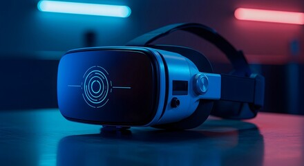 Virtual Reality Headset on Table with Blue and Red Lighting