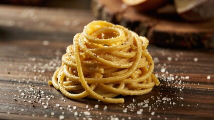 Extreme close-up of pici cacio e pepe pasta strands coated in rich Pecorino Romano and cracked black pepper sauce.