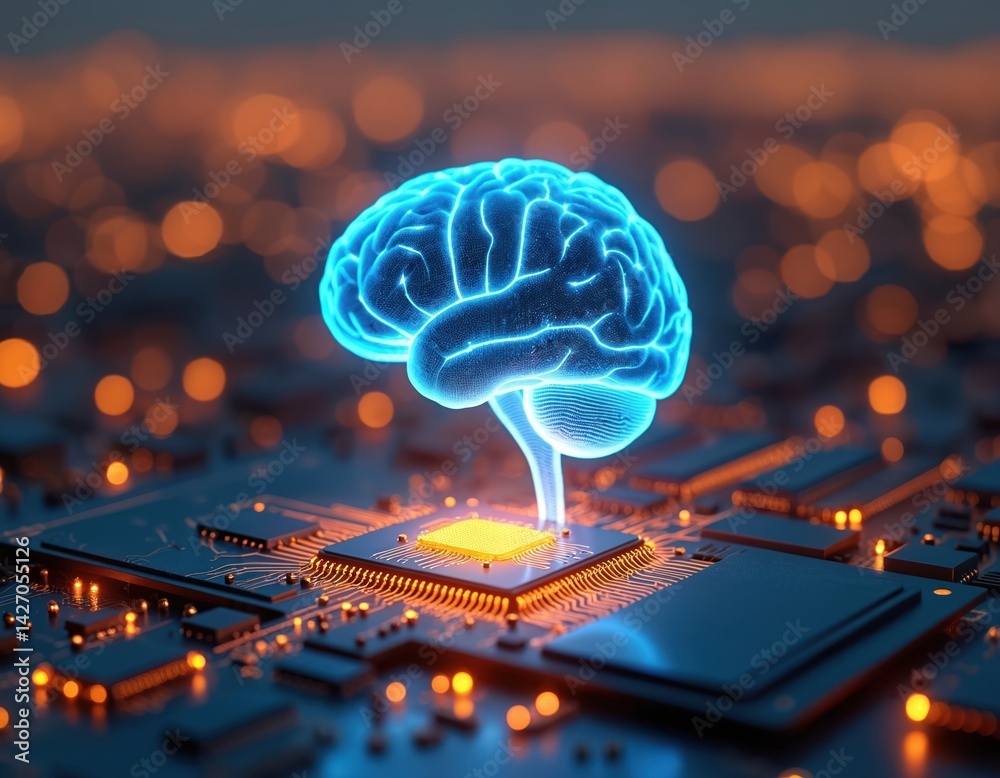 Aufkleber AI brain over computer chip CPU. Artificial intelligence concept. Tech, science background for data processing, machine learning, neural network, big data analysis, digital transformation.