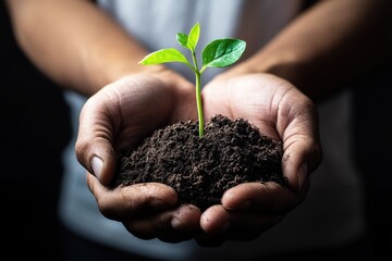 Hands holding a small seedling in soil