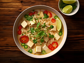 Top view of a delicious vegan ramen soup with tofu and vegetables, wooden table background