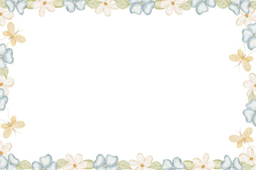 Frame watercolor flowers chamomile, violet, daisy. Hand drawn illustration in delicate color, template in retro style isolated on background for invitations, holiday, postcard, children's birthday,