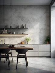 Modern interior design with grey concrete walls and a kitchen with wooden details