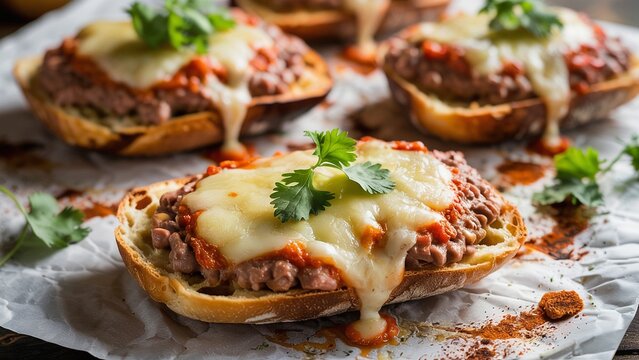 Extreme close-up of molletes topped with melted cheese and refried beans on toasted bread.