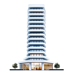 Modern High-Rise Building with Unique Architectural Design and Large Glass Facade