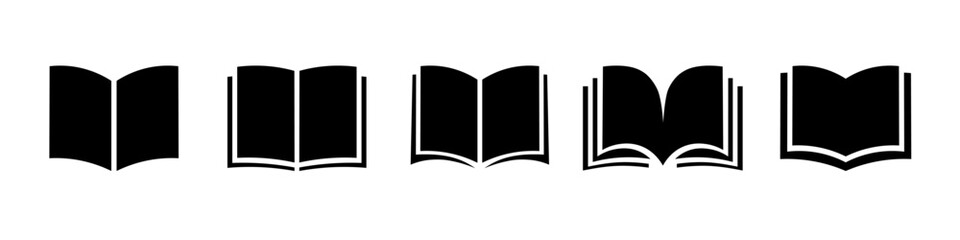 Set of silhouette icons of open books with paper pages.
Vector illustration.