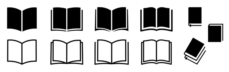 Set of open book icons with paper pages in line and silhouette style.
Vector illustration.