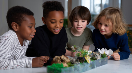 Children collaborating on a school diorama project for social good