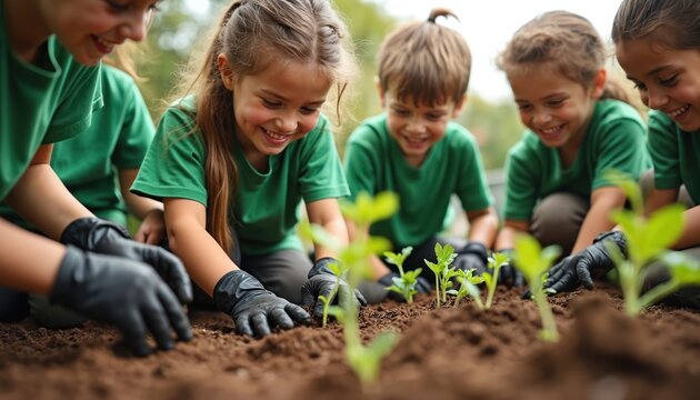 Group of children planting seedlings in soil. Composting workshop at school promotes eco-friendly education, environmental awareness, teamwork, joy. Kids hands in gloves work together, concept of