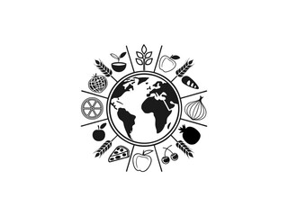Global Food Diversity Depicted on a World Map, World food day,  A black and white graphic of the Earth surrounded by various fruits, vegetables, and grains, representing global food diversity.