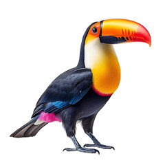 Obraz premium Vibrant Toucan Bird Perched with Colorful Beak Against Plain Background