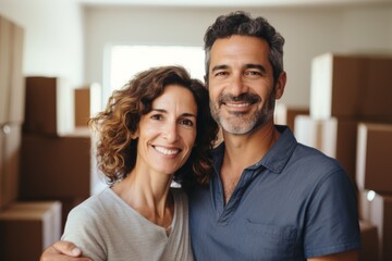 Fototapeta premium Portrait of a smiling middle age Hispanic couple in empty home after moving in