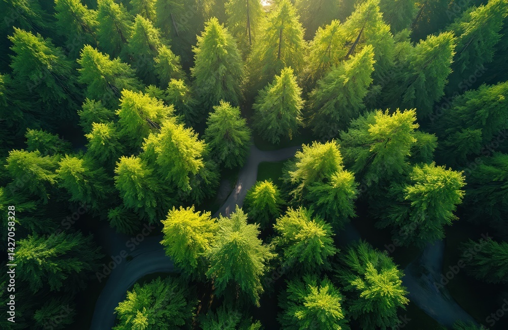 Poster aerial view forest canopy. sunlight filters through green trees, creates dappled effect. forest floo