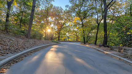 Fototapeta premium Sunlit Pathway Through Autumn Woods