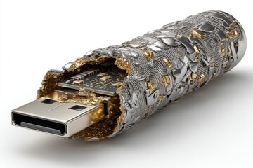 An innovative, high-tech USB drive with detailed circuit board design and metallic finish, showcasing modern technology and intricate engineering on a plain backdrop.