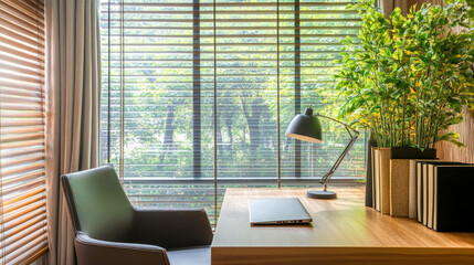 "Functional Serenity: Home Office with Practical Window Features"


