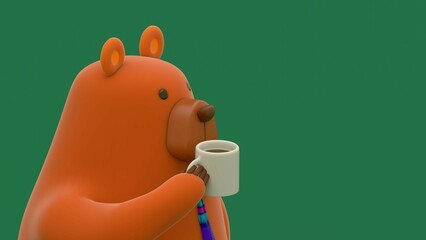 Cute cartoon bear wearing a tie and drinking coffee against green background, humorous representation of a dad during morning routine, Father's Day concept, 3D render, minimal character design © Omar