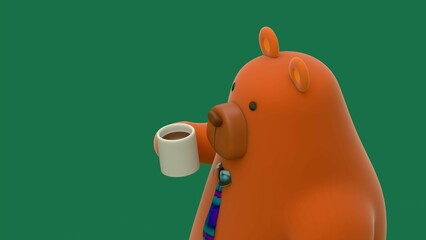 Cute cartoon bear wearing a tie and drinking coffee against green background, humorous representation of a dad during morning routine, Father's Day concept, 3D render, minimal character design © Omar