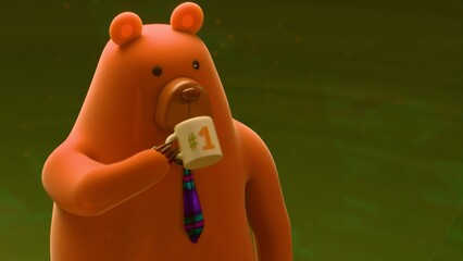 Cute cartoon bear wearing a tie and drinking coffee against green background, humorous representation of a dad during morning routine, Father's Day concept, 3D render, minimal character design © Omar