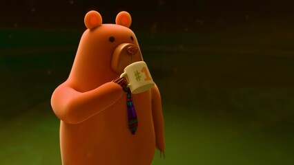 Cute cartoon bear wearing a tie and drinking coffee against green background, humorous representation of a dad during morning routine, Father's Day concept, 3D render, minimal character design © Omar