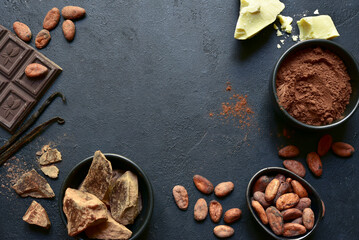 Ingredients for making hot chocolate. Top view with copy space.