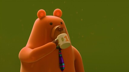 Cute cartoon bear wearing a tie and drinking coffee against green background, humorous representation of a dad during morning routine, Father's Day concept, 3D render, minimal character design © Omar