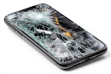 Close-up of a broken smartphone screen, showcasing shattered glass and damage to the phone, emphasizing fragility and repair costs for modern technology devices.
