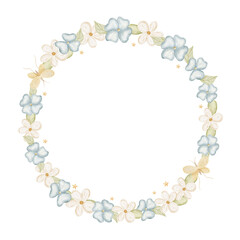 Wreath watercolor flowers chamomile, violet, daisy. Watercolor illustration wild flowers hand drawn in abstract style isolated on background for template, postcard, invitations, posters, print holiday