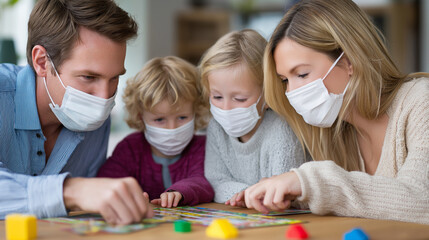Obraz premium A family enjoying a cozy board game at home while wearing masks