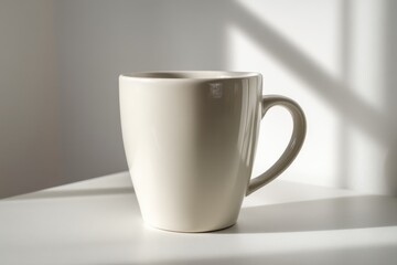 Obraz premium A minimalist studio shot of a beige ceramic mug placed on a white surface, bathed in soft, diffused sunlight creating interesting shadows on the background wall.