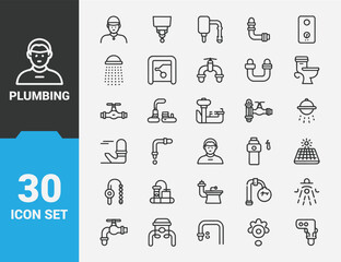 Vector Illustration of Plumbing and Heating Line Icons Set Featuring Pipes, Boilers, and Tools in Modern Thin Line Style for House Engineering and Maintenance