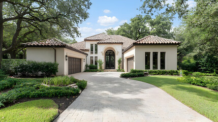 Modern Exterior Of A Luxury House With Lush Landscaping And Driveway