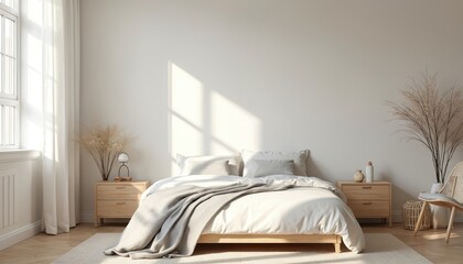 Bright bedroom interior in minimalist style with neutral tones. Natural light through window, cosy atmosphere, soft sunlight, elegant design with modern furniture and decor. Calm relaxing room.