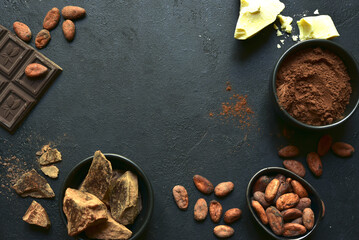 Ingredients for making hot chocolate. Top view with copy space.