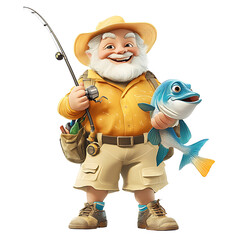 Fototapeta premium Happy Fisherman Holding a Fresh Fish in Front of His Fishing Gear and Rod
