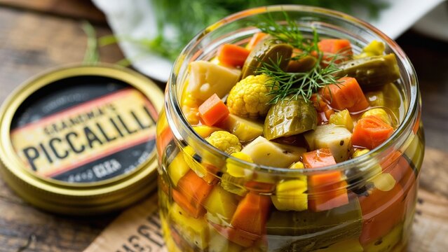 Extreme close-up of piccalilli, tangy, mustard-based pickle with mixed vegetables.