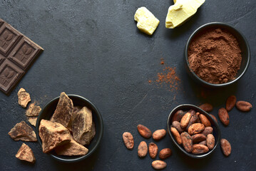 Ingredients for making hot chocolate. Top view with copy space.